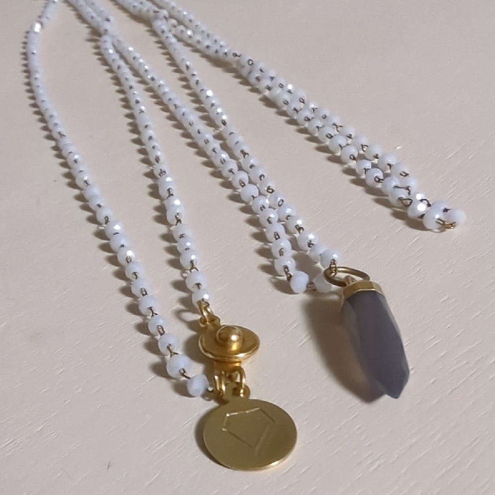 White Shimmer Pearly Beaded Necklace with Gold Accents & Labradorite Pendent!